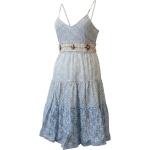 Mint Green Women's M Blue Floral Eyelet Embroidered Tiered Midi Dress Boho